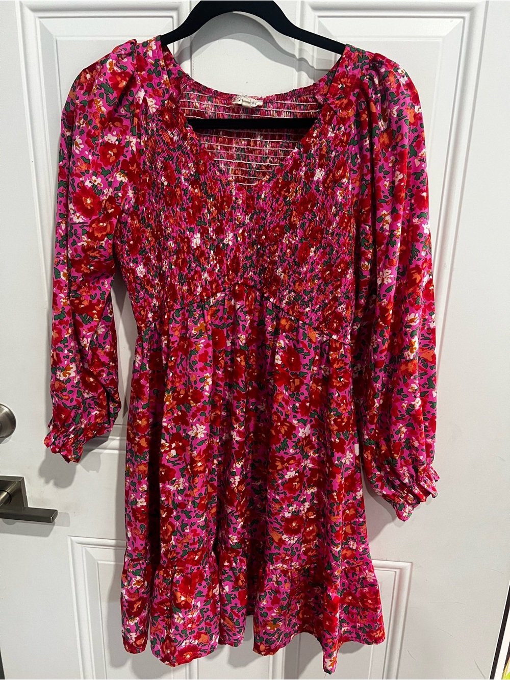 JODIFL Pink Floral Midi Dress with Red & Green Accents